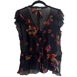 Kookai 100% Silk Black Floral Sheer Ruffle Sleeve Blouse Neck Tie